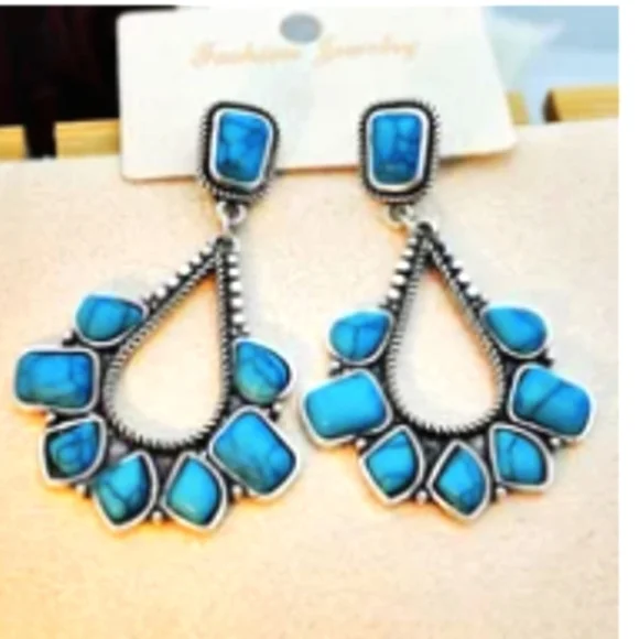 Bohemian Earrings Silver Plated 2" Turquoise Western Jewelry - Picture 7 of 8